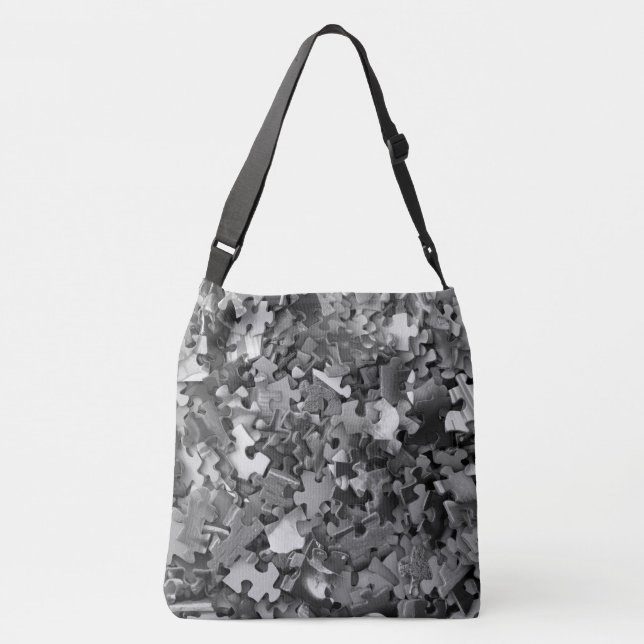 Jigsaw Puzzle Pieces Grey Black and White Funny Crossbody Bag (Back)