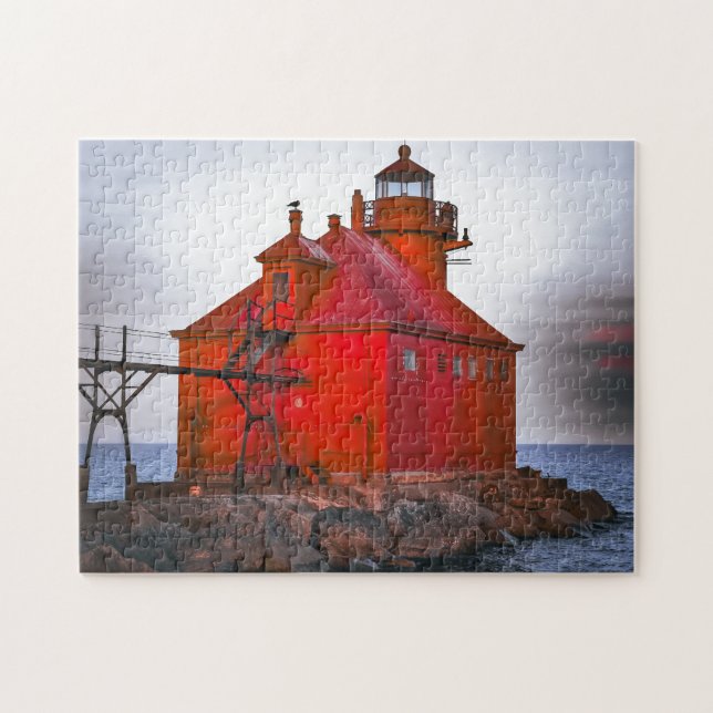 Jigsaw Puzzle Red Lighthouse on stormy seas (Horizontal)