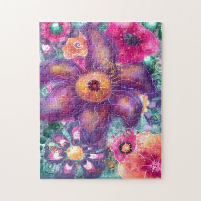 Jigsaw Puzzle Whimsical Floral Abstrait Art Turquo (Vertical)