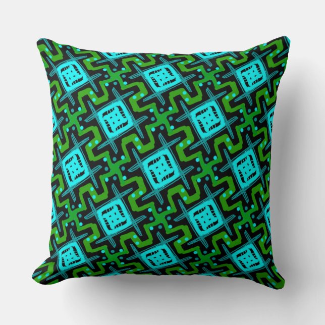 Jimette Square Cushion Design blue green on black. (Front)
