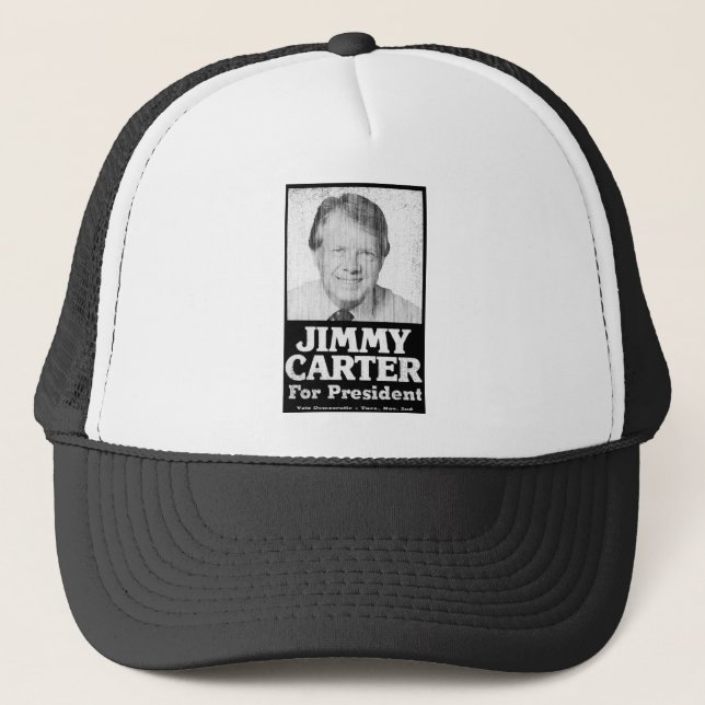 Jimmy Carter Distressed Black And White Trucker Hat (Front)