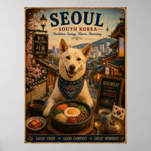 Jindo Dog in Seoul Vintage Travel Poster