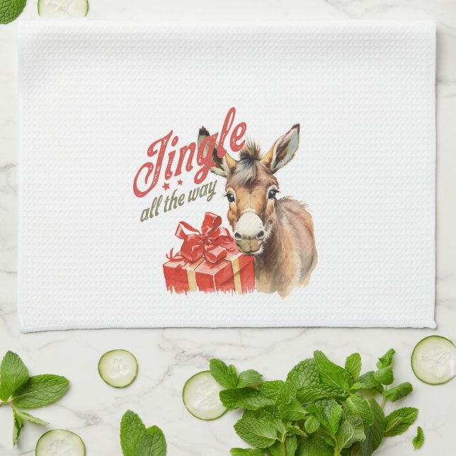 Jingle All the Way Christmas Farm Donkey Kitchen Towel (Folded)