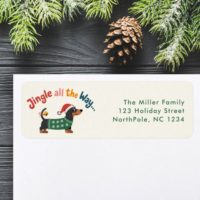 Jingle All the Way – Cute Holiday Pet Gift & Mail (Return address label with “Jingle all the Way…” in fun lettering, dachshund in a green sweater )