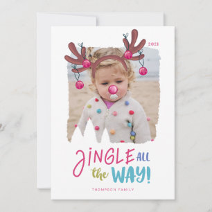 Jingle All The Way Fun Photo Reindeer Antler Bells Holiday Card