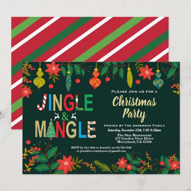 Jingle and Mingle Christmas Party black and gold Invitation (Front/Back)