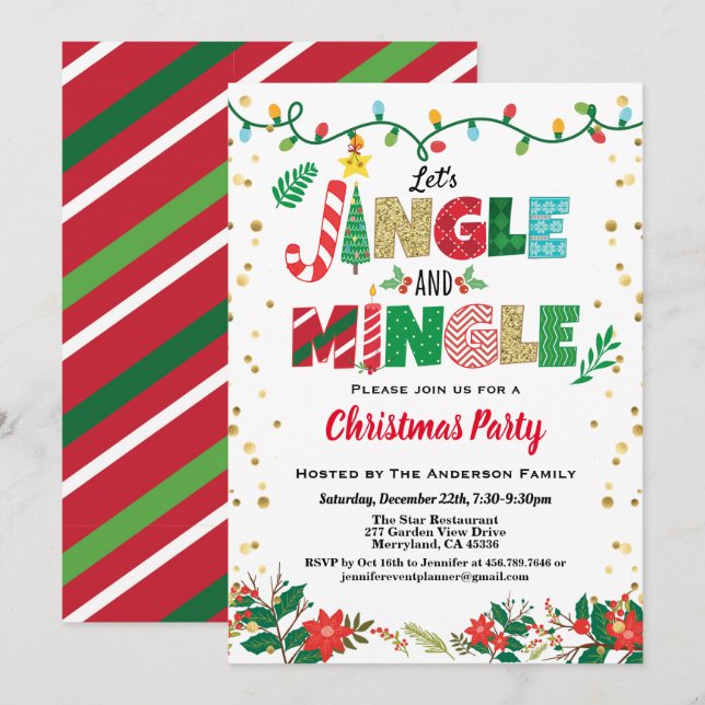 Jingle and Mingle Christmas Party white and gold Invitation (Front/Back)