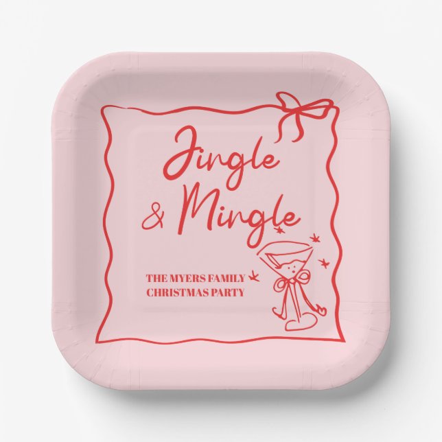Jingle and Mingle Hand drawn Christmas Party Paper Plate (Front)