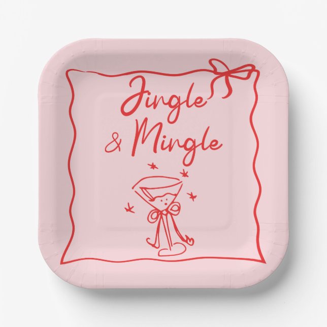 Jingle and Mingle Handdrawn Christmas Party Paper Plate (Front)