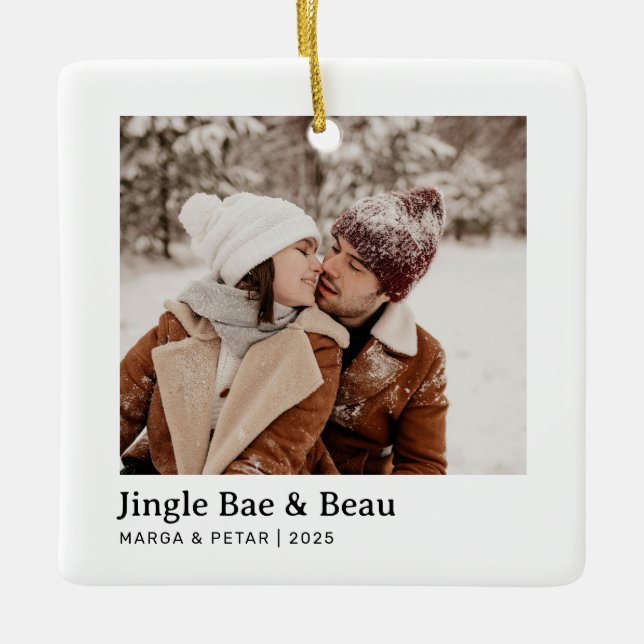 Jingle Bae & Beau – Square Ceramic Couple Photo Ceramic Ornament (Front)