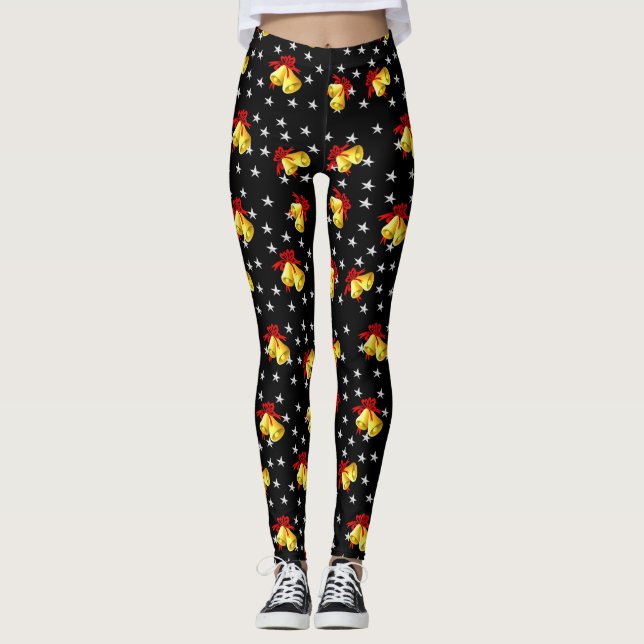 Jingle bell and stars Christmas black Leggings (Front)