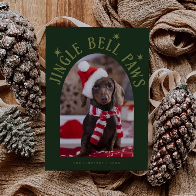 Jingle Bell Paws Dog Photo Green Christmas Holiday Card (Creator Uploaded)