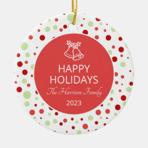 Jingle Bell Polka Dot Happy Holidays Family Ceramic Ornament