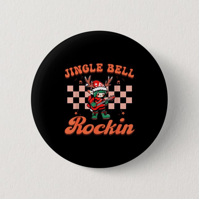 Jingle Bell Rocking Christmas Elf Rock N Roll Guit 2 Inch Round Button (Front)