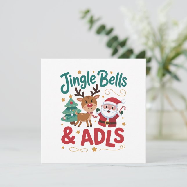 Jingle Bells ADLS Occupational Therapy OT Reindeer Holiday Card (Standing Front)
