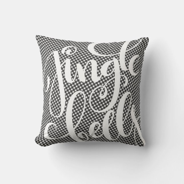 Jingle Bells Black White Buffalo Plaid Tartan Xmas Throw Pillow (Front)