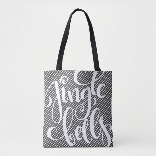 Jingle Bells Black White Buffalo Plaid Tartan Xmas Tote Bag (Front)