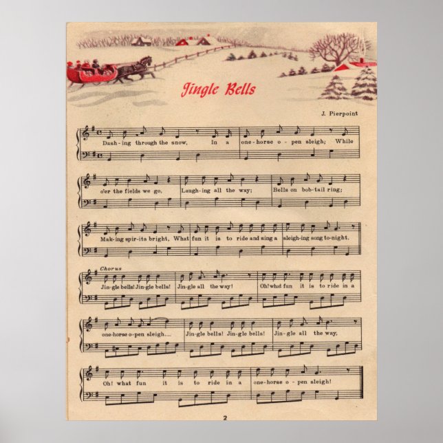 Jingle Bells Christmas Vintage Sheet Music Poster (Front)