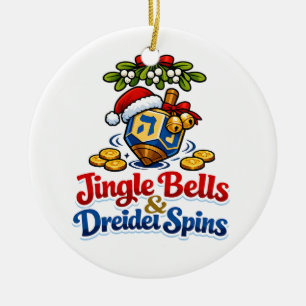 Jingle bells & Driedel spins Christmukkah Hanukkah Ceramic Ornament
