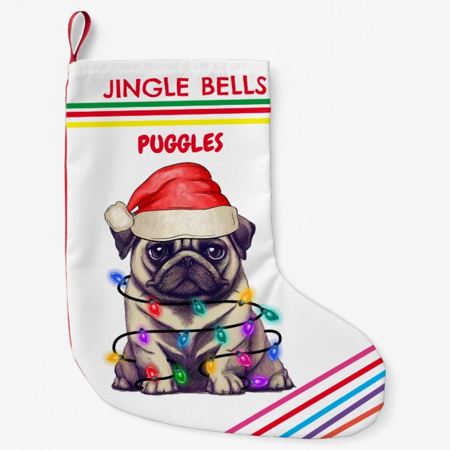 JINGLE BELLS PUG Christmas Stocking with name. (Front)