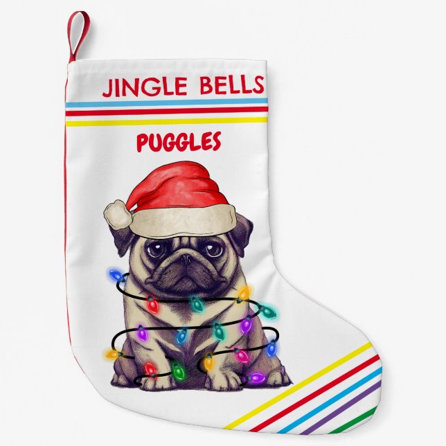 JINGLE BELLS PUG Christmas Stocking with name. (Front)