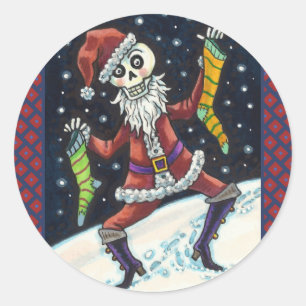 JINGLE BONES SANTA, HOLIDAY SKELETON & STOCKINGS CLASSIC ROUND STICKER