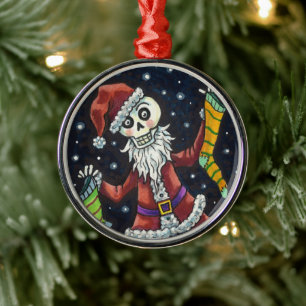 JINGLE BONES SANTA, HOLIDAY SKELETON & STOCKINGS METAL ORNAMENT