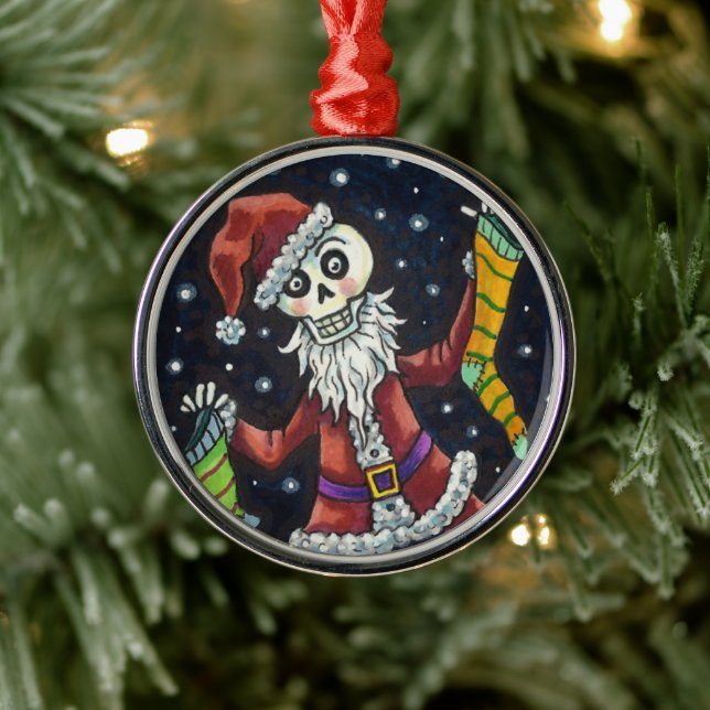 JINGLE BONES SANTA, HOLIDAY SKELETON & STOCKINGS METAL ORNAMENT (Tree)