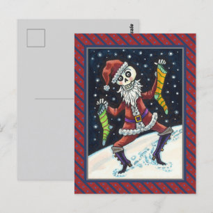 JINGLE BONES SANTA, HOLIDAY SKELETON & STOCKINGS POSTCARD