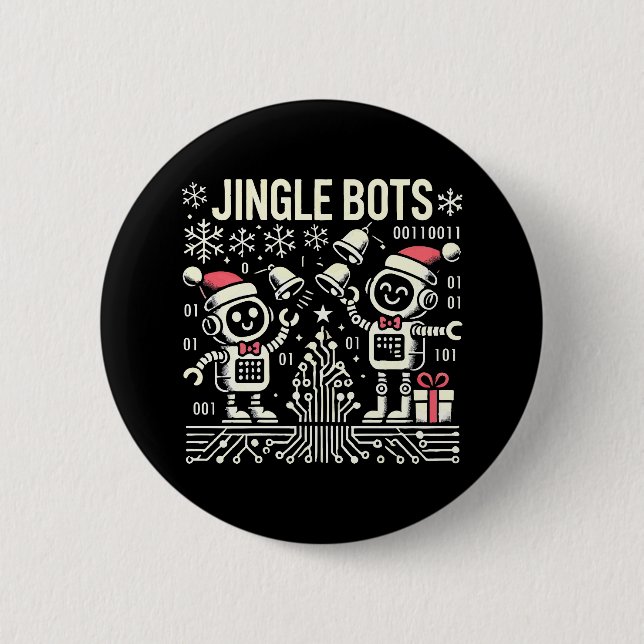 Jingle Bots Festive Holiday Robots with Santa Hats 2 Inch Round Button (Front)