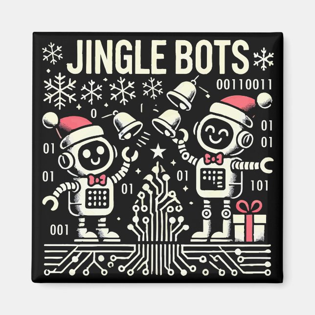 Jingle Bots Festive Holiday Robots with Santa Hats Magnet (Front)