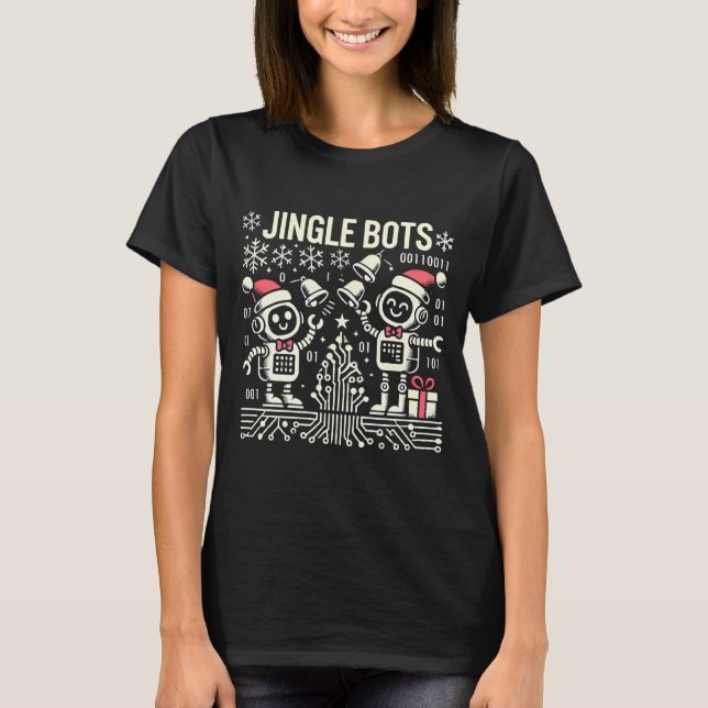 Jingle Bots Festive Holiday Robots with Santa Hats T-Shirt (Front)