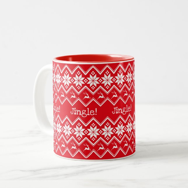 JINGLE!  Christmas Red Snowflake and Deer Pattern Two-Tone Coffee Mug (Front Left)