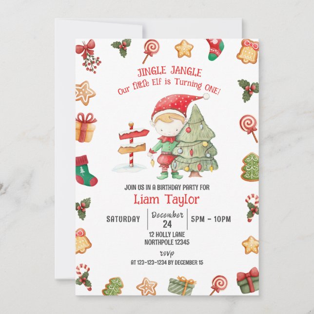 Jingle Jangle Little Elf, Christmas 1st Birthday Invitation (Front)
