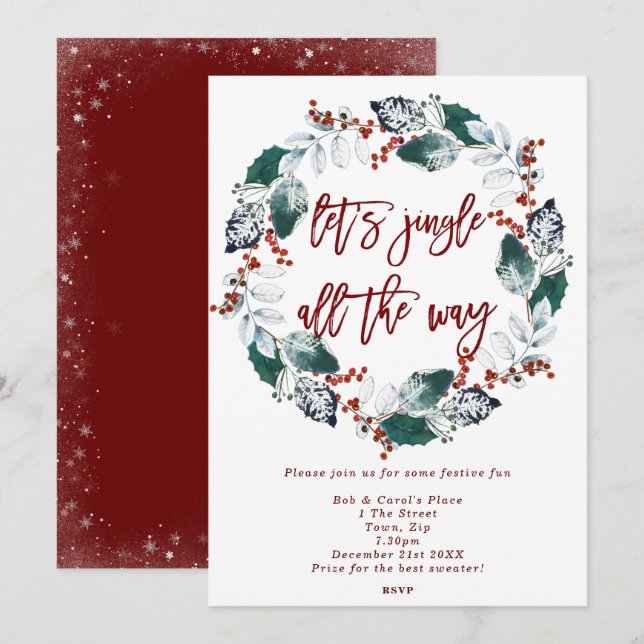 jingle & mingle floral wreath holiday party invitation (Front/Back)