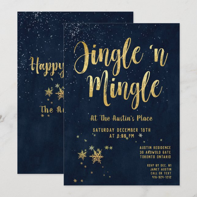 Jingle Mingle Navy Gold Calligraphy Holiday Party Invitation (Front/Back)