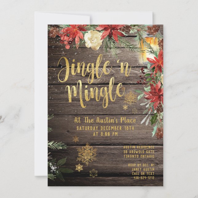 Jingle & Mingle Rustic Gold Calligraphy Party Invitation (Front)
