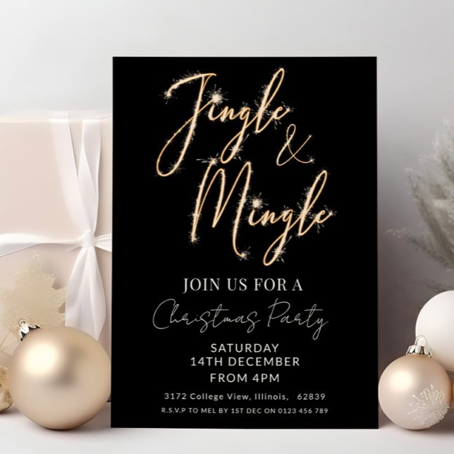 Jingle & Mingle Sparkle Script Black Christmas  Invitation (Creator Uploaded)