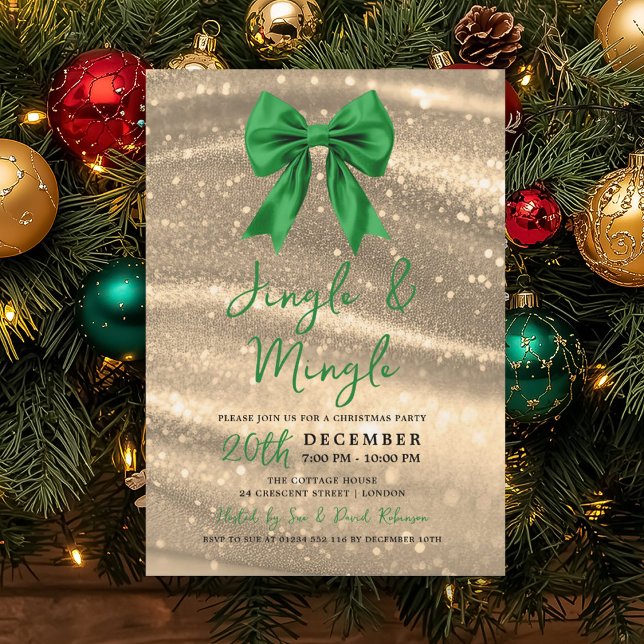 Jingle & Mingle Xmas Party Gold Sparkle Green Bow  Invitation (Jingle & Mingle Xmas Party Gold Sparkle Green Bow Invitation)