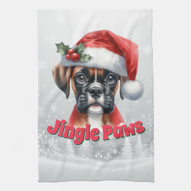 Jingle Paws and Boxer Dog Joy  Kitchen Towel (Vertical)