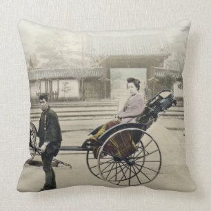 'Jinrikisha' in front of a temple, c.1880 (hand co Throw Pillow