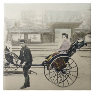 'Jinrikisha' in front of a temple, c.1880 (hand co Tile