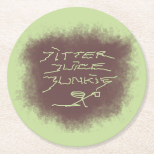 Jitter Juice Junkie - coffee art on green. Round Paper Coaster