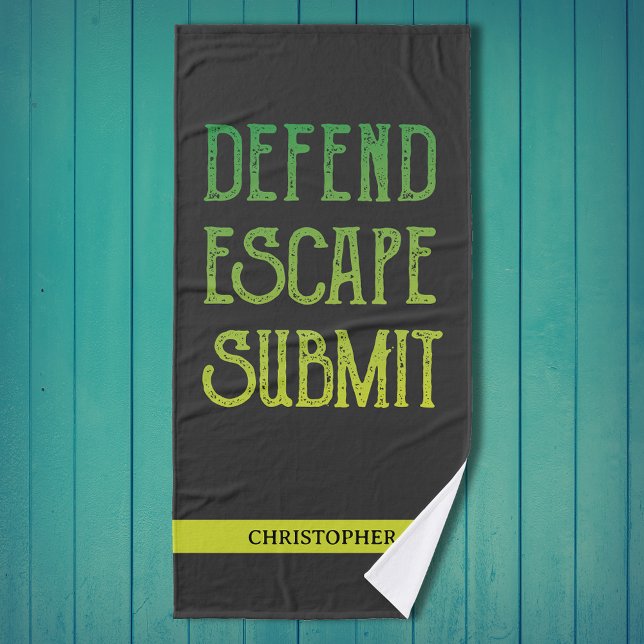 Jiu Jitsu Defend Escape Submit Personalized Bath Towel (Personalized Jiu Jitsu Towel with retro style print.)