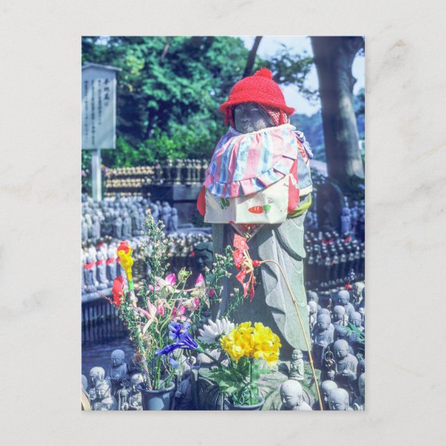 Jizo monk statue with bib and hat - Japan Postcard (Front)