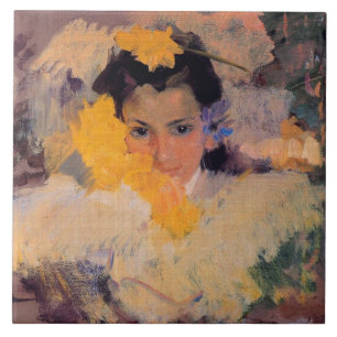 Joaquin Sorolla - Girl with Flowers Tile