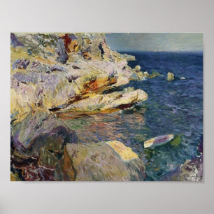 Joaquín Sorolla- Rocks and white boat, Javea Poster