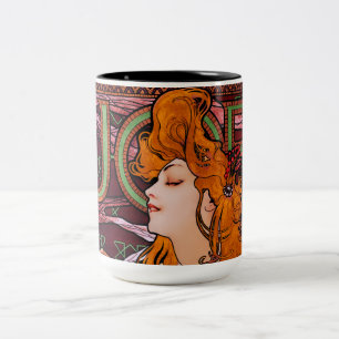 JOB by Alphonse Mucha Vintage Art Nouveau Artwork Two-Tone Coffee Mug