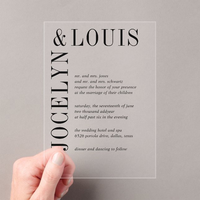 Jocelyn Black and White Modern Wedding Acrylic Invitations (Insitu (Handheld))