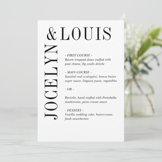 Jocelyn Black and White Modern Wedding Menu (Standing Front)